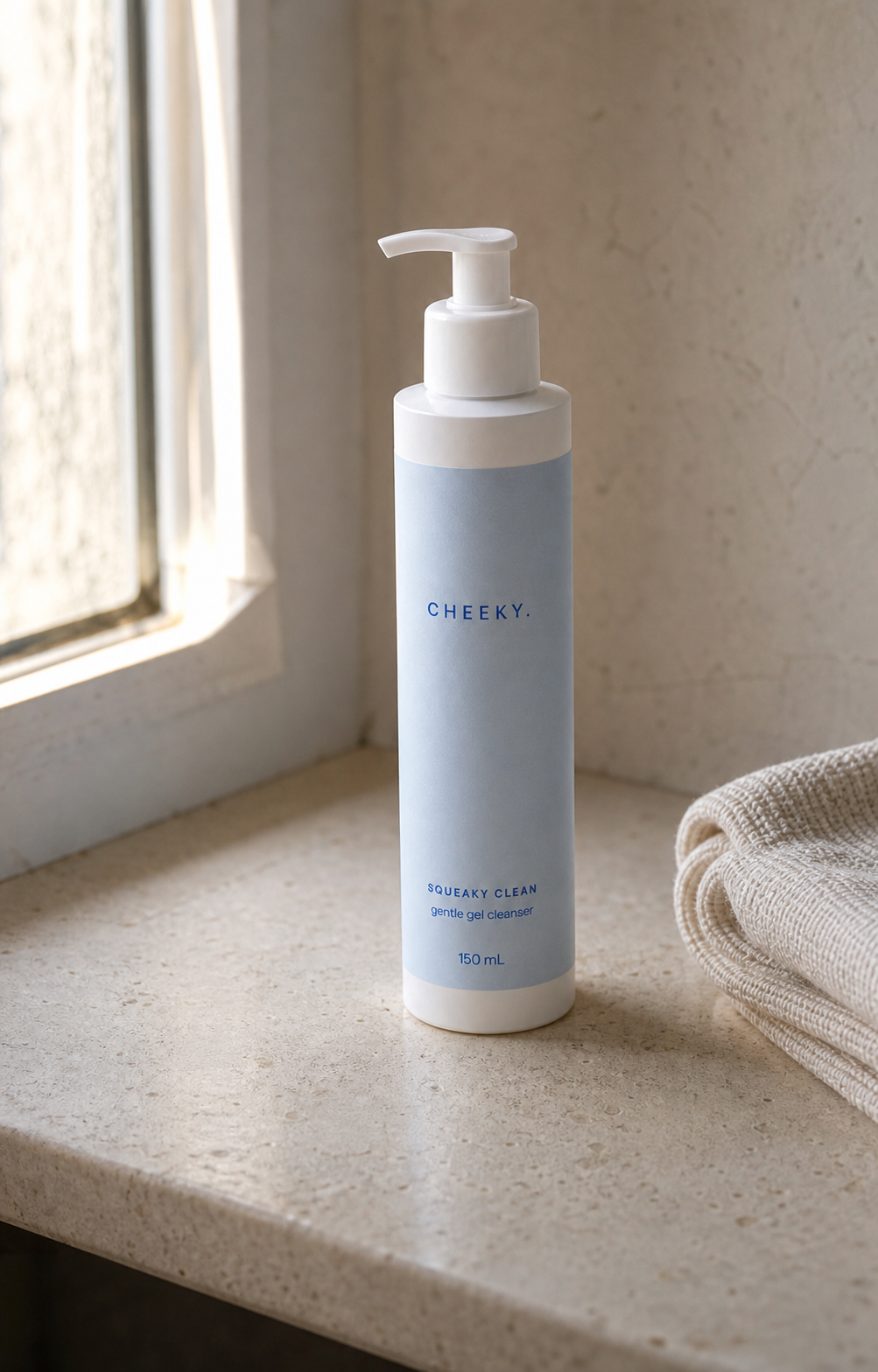 CHEEKY Squeaky Clean cleanser styled beside a sunlit window